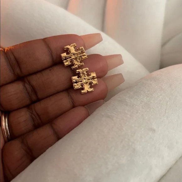 Tory Burch Gold Logo Stud Earrings - Picture 4 of 5